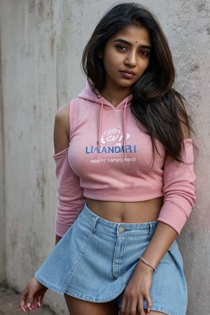 portrait of 35 years old Indian girl wearing pink hoodie, denim skirt, slim body, attractive look, blunt hair, Over the shoulder pose, the background should depict a launge, The girl's expression should be one of welcoming and contentment, showcasing her enjoyment of the moment.