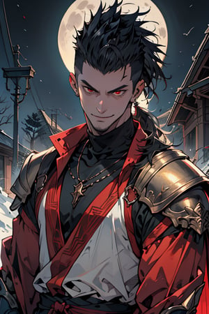 (Masterpiece), (Realistic), (Excellent), 1 handsome man, tall man, solo, leaning against a old tree, fantasy, medieval, upper body, (long bangs), (mohawk), (faux-hawk hair), smirking, long eyes, (red eyes 1.2), evil grin, good looks, (long messy ponytail), (dark black evil armor), (wearing egyptian armor), eerie moonlight background, midjourney, oda non, High detailed 