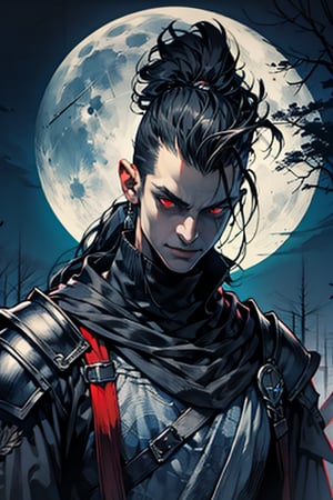 (Masterpiece), (Realistic), (Excellent), 1 handsome man, tall man, solo, leaning against a old tree, fantasy, medieval, upper body, (long bangs), (mohawk), (faux-hawk hair), smirking, long eyes, (red eyes 1.2), evil grin, good looks, (long messy ponytail), (dark black evil armor), (wearing egyptian armor), eerie moonlight background, midjourney, oda non, High detailed,nodf_lora