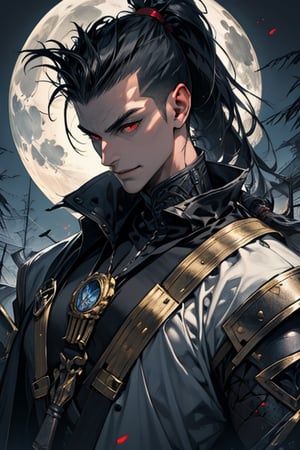 (Masterpiece), (Realistic), (Excellent), 1 handsome man, tall man, solo, leaning against a old tree, fantasy, medieval, upper body, (long bangs), (mohawk), (faux-hawk hair), smirking, long eyes, (red eyes 1.2), evil grin, good looks, (long messy ponytail), (dark black evil armor), (wearing egyptian armor), eerie moonlight background, midjourney, oda non, High detailed 