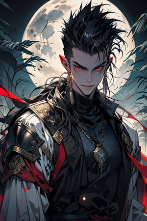 (Masterpiece), (Realistic), (Excellent), 1 handsome man, tall man, solo, leaning against a old tree, fantasy, medieval, upper body, (long bangs), (mohawk), (faux-hawk hair), smirking, long eyes, (red eyes 1.2), evil grin, good looks, (long messy ponytail), (dark black evil armor), (wearing egyptian armor), eerie moonlight background, midjourney, oda non, High detailed 