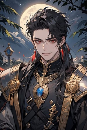 (Masterpiece), (Realistic), (Excellent), 1 handsome man, tall man, solo, leaning against a old tree, fantasy, medieval, upper body, (long bangs), (mohawk), (faux-hawk hair), smirking, long eyes, (red eyes 1.2), evil grin, good looks, (long messy ponytail), (dark black evil armor), (wearing egyptian armor), eerie moonlight background, midjourney, oda non, High detailed 