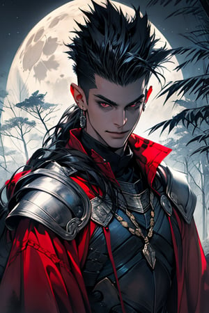 (Masterpiece), (Realistic), (Excellent), 1 handsome man, tall man, solo, leaning against a old tree, fantasy, medieval, upper body, (mohawk), (faux-hawk hair), (long bangs), smirking, long eyes, (red eyes 1.2), long face, evil grin, good looks, (wearing egyptian armor), (dark black evil armor), eerie moonlight background, midjourney, oda non, High detailed 