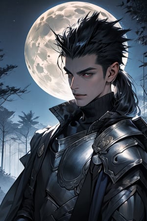 (Masterpiece), (Realistic), (Excellent), 1 handsome man, tall man, solo, leaning against a old tree, fantasy, medieval, upper body, (mohawk), (faux-hawk hair), (long bangs), smirking, long eyes, (red eyes 1.2), long face, evil grin, good looks, (long messy ponytail), (wearing egyptian armor), (dark black evil armor), eerie moonlight background, midjourney, oda non, High detailed 