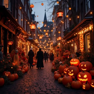 photo Dutch perspective on the background of a city street decorated for Halloween, pumpkins, lanterns, straw figures, people in Halloween party costumes, evening light, city lights, beautiful, aesthetic, cinematic