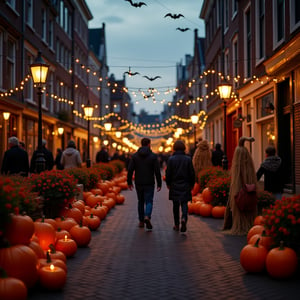 photo Dutch perspective on the background of a city street decorated for Halloween, pumpkins, lanterns, straw figures, people in Halloween party costumes, evening light, city lights, beautiful, aesthetic, cinematic