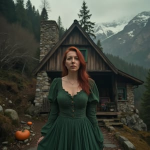 hllgb woman in old green dress, long red hair, Halloween atmosphere, witch's hut, mountains, forest in the background