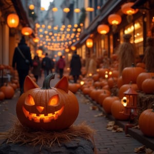 Close-up of a pumpkin cat with carved eyes and a smirk on the background of a city street decorated for Halloween, pumpkins, lanterns, straw figures, people in Halloween party costumes, evening light, city lights, beautiful, aesthetic, cinematic