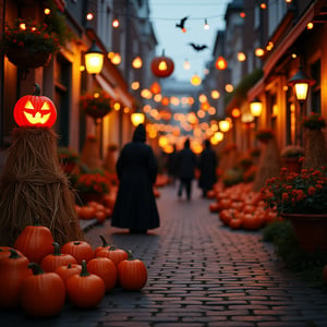 photo Dutch perspective on the background of a city street decorated for Halloween, pumpkins, lanterns, straw figures, people in Halloween party costumes, evening light, city lights, beautiful, aesthetic, cinematic