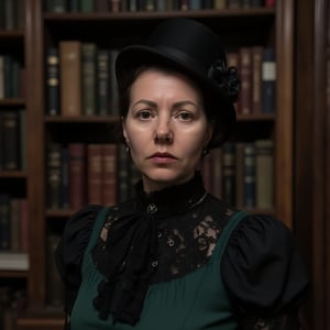 hllgb woman in vintage clothes in antique library on the background of shelves with books, neo-gothic, Victorian style, darkfentasy