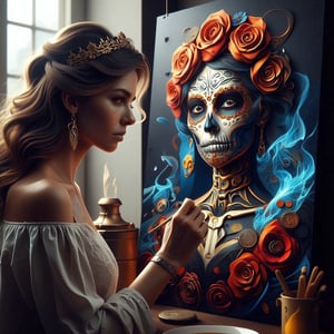 young woman painting her self-portrait mural graffiti full wall of a house, beautiful, aesthetic, exquisite, highly detailed image, high quality image, womaninthedayofthedead