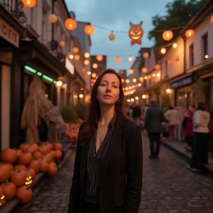 hllgb woman photo against the background of the city street decorated for Halloween, pumpkins, lanterns, straw figures, people in Halloween party costumes, evening light, city lights, beautiful, aesthetic, cinematic