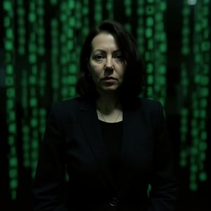 photo of hllgb woman black clothing, cyberpunk style, the movie “The Matrix”, black background with green letters running from top to bottom