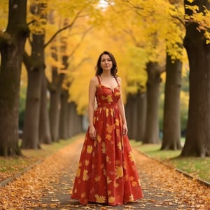 hllgb woman in a long dress of maple leaves, wide skirt, open shoulders. Park alley with yellow trees.