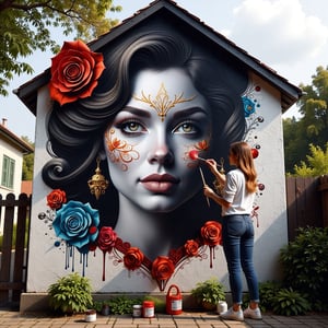 young woman painting her self-portrait mural graffiti full wall of a house, beautiful, aesthetic, exquisite, highly detailed image, high quality image