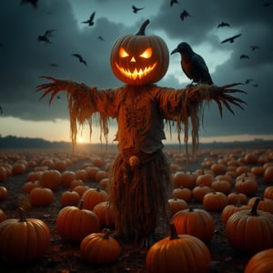 scarecrow with pumpkin head in a field among pumpkins, tattered clothes, sinister grin, a crow sits on his shoulder, Halloween atmosphere. Ominous light, twilight, dark sky, flocks of birds flying in the sky, horrorpumpkin