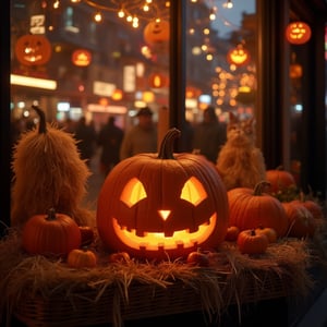 Close-up of a pumpkin cat with carved eyes and smirk in a basket of hay and apples, background of a store window, in the background of a city street decorated for Halloween, pumpkins, lanterns, straw figures, people in Halloween costumes, evening light, city lights, beautiful, aesthetic, cinematic