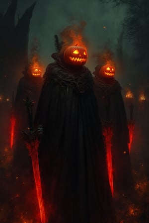 This charming and enigmatic digital illustration features a shadowy jack-o-lantern-like figure standing in the middle of a dimly lit, misty field. The characters have jack-o-lantern heads with flames and flaming mouths, hiding their identities. Their hands held majestic swords with intricate carvings that emitted streams of dazzling red light. The background shows a funerary structure with eerie architecture—perhaps a tomb—bathed in the soft glow of burning embers or floating fireflies. exudes an eerie atmosphere, skillfully combining warm and cool tones to evoke a palpable sense of tension and hope.,mostly, kalarcat,soft colors