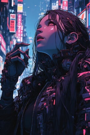 masterpiece, high quality, 8K resolution). Cyberpunk and crime thriller anime aesthetic, full of detail and in high resolution. Character: girl, blecing long hair combined with a technology jacket. Act as a cyberpunk. Beautiful and sad. Elegant pose looking upwards and index finger touching the pierced tongue, sensual and aesthetic. Background: futuristic city, dimly lit by neon lights. Details: Excellent execution, where every pixel makes the image a unique fusion of a modern century fairy tale in a futuristic cyberpunk style. A world full of violence and cruelty, where money rules and betrayal is everywhere.,ct-skyzo_identity