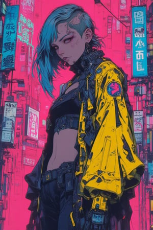 masterpiece, high quality, 8K resolution). Cyberpunk and crime thriller anime aesthetic, full of detail and in high resolution. Character: girl, blue undercut hair combined with pink, yellow technology jacket. Act as a cyberpunk. Beautiful and sad. Elegant, sensual and aesthetic pose. Background: futuristic city, dimly lit by neon lights. Details: Excellent execution, where every pixel makes the image a unique fusion of a modern century fairy tale in a futuristic cyberpunk style. A world full of violence and cruelty, where money rules and betrayal is everywhere.,ct-skyzo_identity