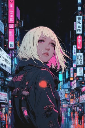 masterpiece, high quality, 8K resolution). Cyberpunk and crime thriller anime aesthetic, full of detail and in high resolution. Character: girl, blonde bob cut hair mixed with pink. Act as a cyberpunk. Beautiful and sad. Elegant, sensual and aesthetic pose. Background: futuristic city, dimly lit by neon lights. Details: Excellent execution, where every pixel makes the image a unique fusion of a modern century fairy tale in a futuristic cyberpunk style. A world full of violence and cruelty, where money rules and betrayal is everywhere.,ct-skyzo_identity