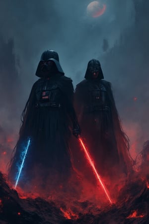 This charming and enigmatic digital illustration shows a shadowy Darth Vader-like figure standing in the middle of a planet full of hot lava and thick fog. The characters wear darth vader helmets with capes and armor, hiding their identities. Their hands held majestic sabers, both of which had different colors, including blue and red, emitting dazzling electric currents. The background shows a modern architectural structure—perhaps a dark planet outside the galaxy—bathed in the soft glow of embers or floating fireflies. The captivating composition of the work exudes an eerie atmosphere, skillfully combining warm and cold tones to evoke a palpable sense of tension and expectation.,mostly,kalarcat,soft colors