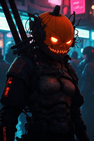 masterpiece, high quality, 8K resolution). Cyberpunk and crime thriller anime aesthetic, full of detail and in high resolution. Characters: legendary jack-o lantern wielding katana samurai, pumpkin-headed jack-o lantern whose eyes and mouth light up. Act as a cyberpunk. Beautiful and sad. Elegant, sensual and aesthetic pose. Background: Futuristic cabaret, dimly lit by neon lights. Details: Excellent execution, where every pixel makes the image a unique fusion of a modern century fairy tale in a futuristic cyberpunk style. A world full of violence and cruelty, where money rules and betrayal is everywhere.,ct-skyzo_identity