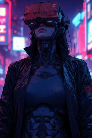 masterpiece, high quality, 8K resolution). Cyberpunk and crime thriller anime aesthetic, full of detail and in high resolution. Character: Japanese body girl, VR on the head, wearing a technology jacket, half cyborg body. Act as a cyberpunk. Beautiful and sad. Elegant, sensual and aesthetic pose. Background: Futuristic cabaret, china city because of neon lights. Details: Excellent execution, where every pixel makes the image a unique fusion of a modern century fairy tale in a futuristic cyberpunk style. A world full of violence and cruelty, where money rules and betrayal is everywhere.,ct-skyzo_identity