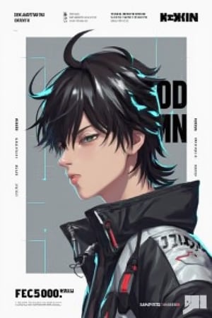 2D vector art typography poster with highly detailed UHD images. The main subject is an anime boy with short, messy mullet hair, wearing a tech jacket. The text words “Good” and “Damn” are placed in the side profile view. A rectangular gray banner with small dots is behind it. The color scheme is black, white, and gray, with a sharp focus on the main subject.