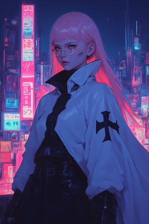 (masterpiece, highest quality, ultra-high resolution). flat illustration, medium shot, calling card of characters with dynamic poses, the saddest image. Cyberpunk action. A very beautiful young woman with pink hair and stylish glasses in the role of a combat nun, wearing the uniform of the Teutonic Order \white robe with a black cross\. The cape contrasts perfectly with the neon lighting, perfectly complementing the composition and highlighting the beautiful figure of the heroine. The blue eyes are firm and cold as if analyzing the viewer. he is on the Roof of a high-rise building Beautiful view of a colorful night city and futuristic architecture, beautiful picture, perfectly executed down to the smallest detail.,anime,cyberpunk,Flat Anime Niji Style