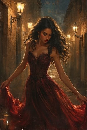 a full body portrait of a latin beautiful woman. she has long, wavy, lucious black hair. her face is beautiful, strong and alluring. 
she is wearing a black and red dress. the dress is from 1800s and has a dancer style. 
she is in a old street, in a dark alley, with vintage street lamps shining a warm light. the light shines behind her as she dances. in front of her is a set of black candles.
vintage, realistic illustration, beautiful, magical, ethereal, texture 