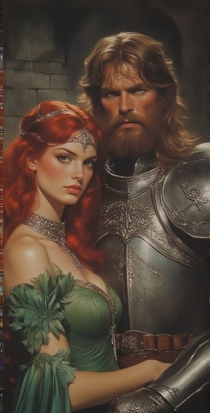 a portrait of a couple. The woman is in a green dress adorned with a silver necklace and a silver headband, her hair is red and wavy. The man, wearing and armour, stands to the right of the woman, with a serious expression on his face. He has long brown hair and a dark beard. His armor is made up of silver metal, with intricate designs all over it. The background is a dark gray brick wall,.
detailed, vintage, textured, realistic, illustration, light,beautiful,magical,ethereal, light particles, high quality, backlight,dark,medieval fantasy,textured illustration