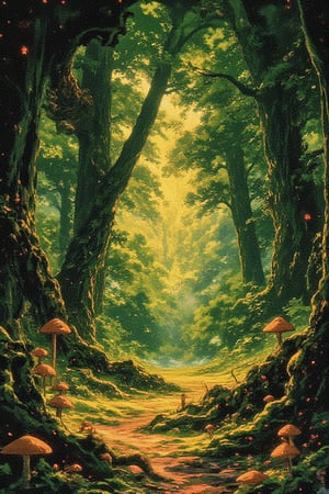 an ancient forest with mystical trees that have faces on them, the sun shines between the trees, light particles filling the air, the mystic green light contrasting with the gold from the sun, a pathway in the middle of the trees filled with little mushrooms and little flowers.
Inspired by Fangorn Forest
vintage, light particles, beautiful, ethereal, mystical, texture, whimsical, atmospheric, dark,
drawing, painting,Watercolor, hand-drawn, illustration