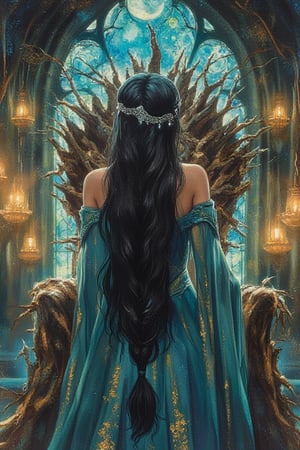 an elvish young woman, blue gown with gold light reflecting, black hair reaches the floor in a beautiful intricate braid, silver glowing headband on her hair, she is standing in front of a throne made of tree branches, in the back is a stained glass window with a moon design, the light shines through the room, hanging lights around the room of a magical castle, whimsical, magical, elf, painting