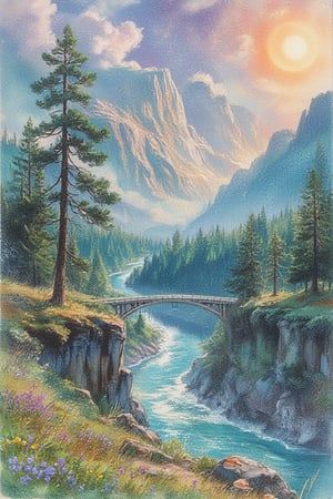 a drawing of a valley at the foothills of the Misty Mountains, at the edge of a narrow gorge of the Bruinen River. The valley top is covered in pine trees, while the valley bottom is mostly oak. the valley has a lot of tall trees, purple and yellow little flowers and tiny mushrooms. there is a beautiful white bridge across the shining blue river. the mountains are grey and silver. the sky is blue with a purple tint, with soft clouds shining in gold. the sun shines in a golden color. 
Inspired by Rivendell
vintage, light particles, beautiful, ethereal, mystical, texture, whimsical, atmospheric
Pencil drawing, painting,Watercolor painting, Hand-drawn sketch, illustration