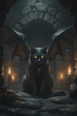 a black cat with wings sitting inside a dungeon, the black cat has glowing yellow eyes, the dungeon walls is made of dark stone, in the middle of the wall is a doorway and on each side is a flaming torch. the atmosphere is dark and foggy.
dark, texture, vintage, light particles, dust, noise, grainy, film grain, pure black