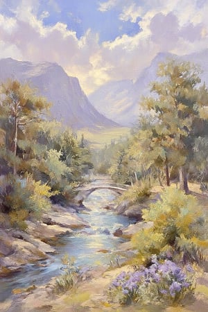 a drawing of a valley at the foothills of the Misty Mountains, at the edge of a narrow gorge of the Bruinen River. The valley top is covered in pine trees, while the valley bottom is mostly oak. the valley has a lot of tall trees, purple and yellow little flowers and tiny mushrooms. there is a beautiful white bridge across the shining blue river. the mountains are grey and silver. the sky is blue with a purple tint, with soft clouds shining in gold. the sun shines in a golden color. 
vintage, light particles, beautiful, ethereal, mystical, texture
Pencil drawing, painting,Watercolor painting, Hand-drawn sketch, illustration
Inspired by Rivendell