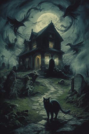 a haunted house on top of a hill surrounded by bats and ravens, the full moon shines behind the old house, shapes lurking in the shadows, gravestones in the field, a black cat standing in the pathway.
vintage, horror, texture, halloween, haunted, magical, light particles, DarkAura