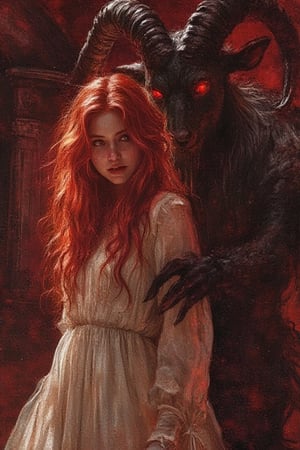 a young woman, with long, wavy red hair, wearing a white sheer long dress. a creature with a goat face and body, long curved black horns and red glowing eyes. the creature hand rest on the woman shoulder. the background is dark with a red tint, it's a dark night in a old cemetery.
vintage, illustration, lowres, backlight, noisy, grainy, light particles, dusty, dark, horror, texture 