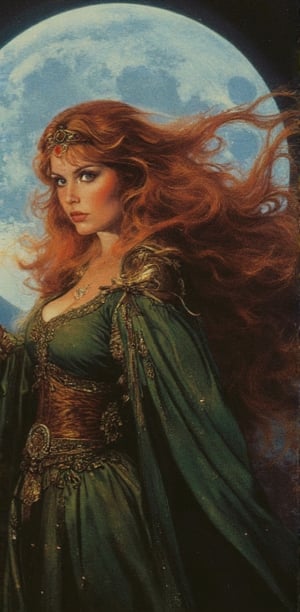 a woman with long red hair. The woman is wearing a green dress with gold embroidery on it. Her hair is flowing in the wind. She has a crown on her head. Behind her is a full moon. vintage, texture, medieval, magic, dust,medieval fantasy,textured illustration,vintage horror illustration 