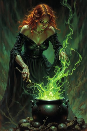 a witch with a vintage black dress, her skin is pale, her hair is curly and red. she is in a dark field brewing a potion in a black cauldron, the cauldron shines in a green color filling the space with magic,Frank Frazetta fantasy oil painting