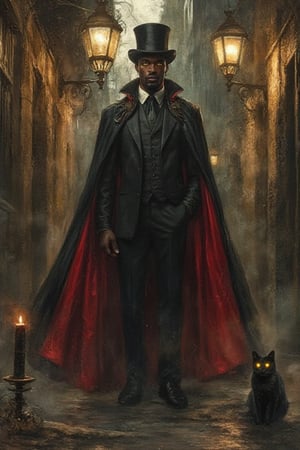 a full body portrait of an congolese black man. his face is beautiful and strong. he has honey alluring eyes. he has a goatee. he is strong and muscular.
he Is wearing a black top hat. he is wearing a black vintage well tailored suit. he is wearing a black cape with red lining. the cape flows In the air.
he is standing in a old street alley. In the street there are vintage lamps shining a warm light in his back. in front of him, by his right side, is a black cat with yellow glowing eyes. in front of him, by his left side, is a set of black and red candles. the is a fog in the alley.
vintage, realistic illustration, texture, beautiful, magical, ethereal, light, high quality, full body

vintage, realistic illustration, beautiful, magical, ethereal, texture 