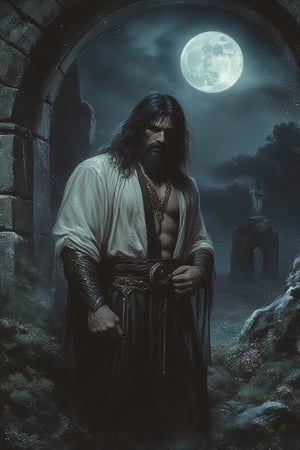 a man with long black hair and black beard, with a strong face and body, standing besides a stone wall inside a cemetery, it's a dark night with a full moon, the cemetery is beautiful and filled with flowers, he is wearing a white blouse and black pants.
vintage, texture, noise, grainy, film grain, atmospheric, dust, light particles, magical, whimsical 