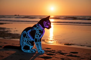 cat viewing a full sun, morning centered, Cyberpop, gouache, cow-boy shot, Simulation, 100mm, Projection mapping, iridescent colors, abstract, glow stick lighting, 8K,futuristic,cyberpunk,cyborg