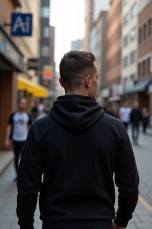 Mature man in a blank black hoodie, showcasing a crewneck design, seen from the back on a bustling cyberpunk city street. The mockup captures the urban vibe, with the man’s short hair contrasting against the soft fabric of the hoodie, immersed in a lively atmosphere.



















