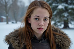 A cinematic photograph of the beautiful and fierce redheaded girl from Game of Thrones. She is wearing leather armor with fur around her shoulders in a snowstorm. Her loose hair blows back from the strong wind, her eyes glow blue, and her skin has freckles. Her face shows anger and determination, and her expression conveys strength and power. The photograph was shot on a Sony Alpha A7 III camera in the style of the original artist.






