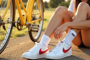 Close-up on white and red Nike swoosh low-top sneakers, next to a yellow vintage gold bicycle with visible wheels and handlebars, in the style of an editorial magazine shoot. White socks with black stripes are worn by a female model who is sitting down wearing sunglasses, during the golden hour, captured in Kodak film photography.













