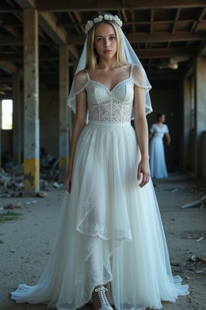 Romantic style portrait of a Victorian ghost bride in an abandoned industrial warehouse. Tattered white wedding dress with long train, torn lace veil, wilted flower crown. Victorian-inspired lace-up boots. Pale blue-tinted skin, dark hollow stormy gray eyes, faded blue lips. Long flowing hair with cobweb accessories. Wandering through ruins with melancholic expression. Extremely glamorous physique, very beautiful curves, ultimate physical beauty. Beautiful facial features ( face ratio), impressive eyes (large and almond-shaped). Tall silhouette (170cm+), striking curved figure (0.7 waist-hip ratio). Healthy, vibrant skin glow. Enigmatic aura, distant gaze, slightly upturned mouth corners. Dramatic lighting, shallow depth of field. Cinematic 8K ultra-high resolution, photorealistic quality.
















