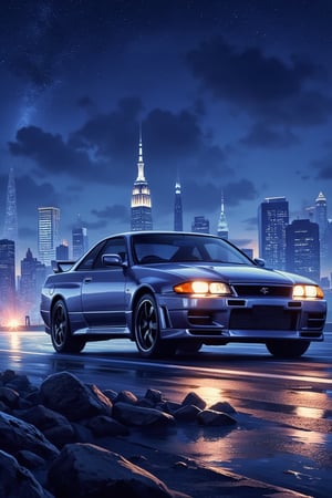 a Nissan Skyline GT-R , in a night time iconic japanese scenery













