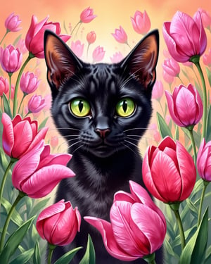 Black Cat peeking out from behind pink Tulips garden, surrounded Tulips background in the style of Matisse's painting.















